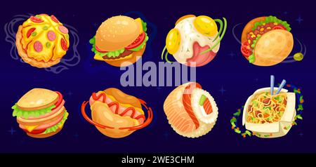 Cartoon-Nahrungsmittelplaneten. Food World Konzept, Burger Sushi Fisch Pizza Planet lustige Amuse UFO in köstlichem Fantasy Universum Traum Raum leckere Galaxie, Spiel Vektor Illustration von Cartoon Food Planet Design Stock Vektor