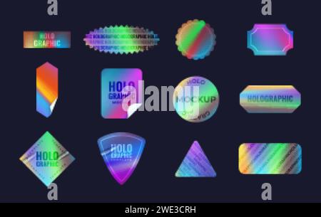 Holografische Aufkleber Mockup. Hologrammaufkleber, irisierende Neonaufkleber Silber Metall Emblem glänzende Gradient Abzeichen Folie Tag geometrische Rautenform, realistische anständige Vektor-Illustration des Hologrammaufklebers Stock Vektor