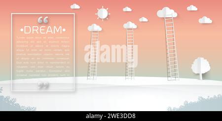 Eine Leiter, die sich bis zu den Wolken gegen auf Pop-up Papier Art Stil, Rahmen und Raum für Text auf Himmel Hintergrund Vektor Illustration Stock Vektor