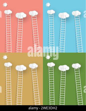 Satz der Illustration einer Leiter, die bis zu den Wolken gegen auf Pop-up Papier Kunststil, auf bunten farbigen Hintergrund Vektor-Illustration reicht Stock Vektor