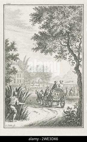 Männer mit Kutsche auf dem Land, Simon Fokke, 1722 - 1784 Print Blick auf die Landschaft, wo zwei Herren in einem offenen Kutscher sitzen. Links im Vordergrund ein Bauernkorn mit Sichel. In der Ferne ein Landhaus und Figuren, die auf dem Land arbeiten. Oben links mit der Markierung XVIII drucken Amsterdamer Papierätzer vierrädriger Wagen, gezeichnet von zwei Tieren. Ländliche Entwicklung Stockfoto