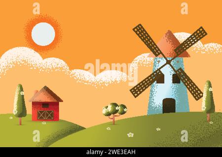 Cartoon Farm Feld grünes Saatfeld, rote Scheune auf einem grünen Bauernfeld, große Feld Landwirtschaft gestreift, Farm flache Landschaft. Konz. Vektortextur Stock Vektor