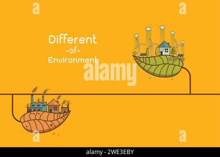 Der Unterschied von Umwelt Landschaft Fabrik und Wald, grüne Erde - Ökologie Konzept grüne Informationen mit Ökologie und grüne Stadt Energie sa Stock Vektor
