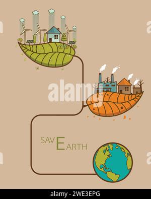 Der Unterschied von Umwelt Landschaft Fabrik und Wald, grüne Erde - Ökologie Konzept grüne Informationen mit Ökologie und grüne Stadt Energie sa Stock Vektor