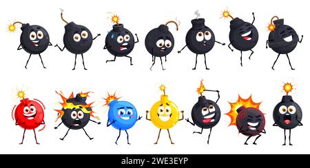 Comic-Bombenfiguren und Dochtfusionen, explosive Waffen-Persönlichkeiten mit Explosion, Vektorsymbole. Bomben mit Gesicht Lächeln, niedliche lustige Explosionsboom Emoticons und Emoji glücklich oder ängstlich mit brennender Docht-Sicherung Stock Vektor