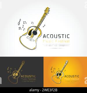 Modernes, lineares, flaches Design. Das stilisierte Bild der akustischen Gitarre. Logo des Volksmusikfestivals Vorlage für Cover, Logo, Poster, Einladungen, modern Stock Vektor