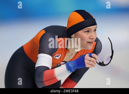 Gangneung, Südkorea. Januar 2024. Angel Daleman aus den Niederlanden reagiert auf das 1500-m-Finale der Frauen bei den Olympischen Jugendspielen Gangwon 2024 in Gangneung, Südkorea, 23. Januar 2024. Quelle: Xu Yanan/Xinhua/Alamy Live News Stockfoto