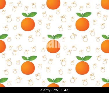 Nahtloses Muster mit Orangenfrucht. Reifes Orange. Orange mit Blättern. Saftige, frische Orange. Tropische Früchte. Gesundes Lebensmittelelement. Vektorillustration auf weiß Stock Vektor