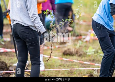 Gärtnerinnen, die Schaufeln in üppigem Grün halten Stockfoto