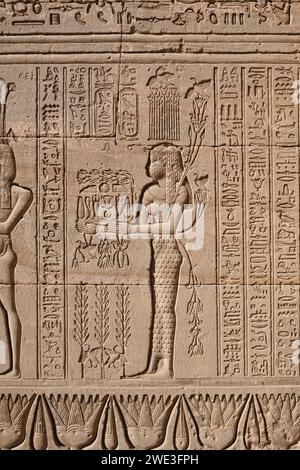 Qena, Ägypten - 27. Dezember 2023: BAS-Relief an der Wand des Dendera-Tempels oder des Hathor-Tempels, eines der am besten erhaltenen Tempel Stockfoto