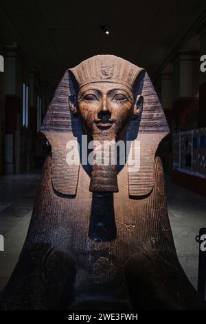 Kairo, Ägypten - 2. Januar 2024: Statue der Sphinx der Hatschepsut aus der Zeit des alten Ägypten im Kairoer Nationalmuseum Stockfoto