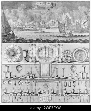 Loterijprent für Durgerdam nach dem großen Brand von 1687, Anonym, nach Jan Luyken, 1687 Druck Loterijprent für Durgerdam nach dem großen Brand vom 5-6. Mai 1687. Präsentation in zwei Teilen. Auf der Spitze des Feuers im Dorf, in den Vorderbodenbooten auf dem Wasser, auf der Spitze der Waffen von Holland und Ransdorp. Am Ende der Preise, die im Lotto gewonnen werden: Drei Reihen Silberschalen, Tassen, Kerzenleuchter, Krüge, Löffel, usw. Diese Kopie ohne die entsprechenden Textmagazine mit Einladung zur Teilnahme, frisch, Bedingungen und Artikel. Nördliche Niederlande Stockfoto