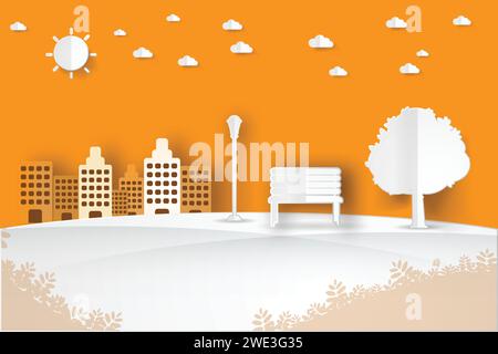 Minimalistische Landschaft öffentlicher Park in der Stadt mit Baum, Sonne, Wolkenlandschaft Hintergrund, Papier Art Art Vektor Illustration. Stock Vektor