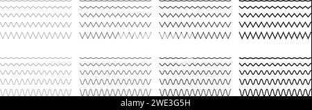Zickzack- und Wellenlinien unterschiedlicher Dicke. Set aus einfachen gezackten und gewellten Rändern. Sinus-, Wasser-, Flüssigkeits-, Luft- oder Windsymbole sind auf weißem Hintergrund isoliert. Vektorkontur, Abbildung. Stock Vektor