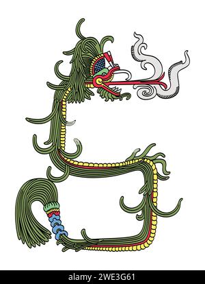 Gefiederte Schlange, ein übernatürliches Wesen in mesoamerikanischen Religionen. Quetzalcoatl von Azteken, Kukulkan von Yucatec Maya und Tohil von Kiche Maya. Stockfoto