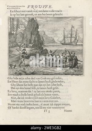 Schleudern Sie einen Hirten an einem Ufer, Adriaen Matham, nach Adriaen Pietersz van de Venne, 1625 drucken Sie Eine Schaluppe mit Männern und einer Frau, die an die Hände gebunden ist, nähert sich einer Küste. Ein Hirte, mit seinem Hund und seiner Schafherde hinter ihm, kommt zum Boot. Ein Segelschiff am Horizont. Buchillustration aus: Jacob Cats, Houwelijck, 1625. Drucker: Haarlem Drucker: Middelburg Papiergravur / Buchdruck Ruderboot, Kanu usw. Hirten, Hirten, Hirten, Hirten, Hirten, Hirten, Hirten, Kuhhirte usw. Herde, Herde. Felsige Küste Stockfoto