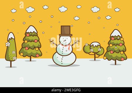 Natur, Winterlandschaft im Zeichentrickstil mit Weihnachtsbäumen, Schneemännern und Schneewehen. frohe weihnachten & Happy New Year Karte Hintergrund Vektor Illustraten Stock Vektor
