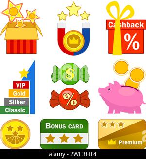 Symbole für Treueprogramme setzen Cartoon-Vektor. Prämienbonus. Kaufen Sie Geld sparen Stock Vektor