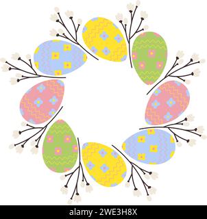 Kreisförmiger Rahmen aus gemusterten Ostereiern und blühenden Zweigen. Kopierraum. Design-Konzept für Ostergrüße. Isolieren. EPS. Vektor für Karten, Poster, Banner, Broschüren, Reklametafeln, promotion oder Web, Label, Preis Stock Vektor