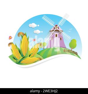 Bauernhof-Cartoon auf Landschaft Hintergrund flache Vektor-Illustration Stock Vektor