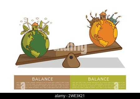 Der Unterschied von Umwelt Landschaft Fabrik und Wald, grüne Erde - ökologisches Konzept grüne Information mit Welt Globus auf einer Skala . Balance Co Stock Vektor