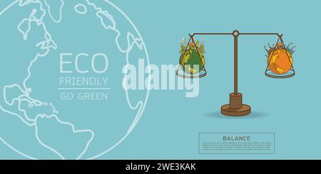 Der Unterschied von Umwelt Landschaft Fabrik und Wald, grüne Erde - ökologisches Konzept grüne Information mit Welt Globus auf einer Skala . Balance Co Stock Vektor