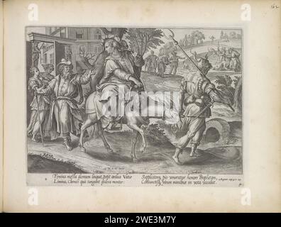 Frau aus Sunem fährt auf einem Esel nach Elisa, 1643 Druck die Frau aus Sunem fährt auf einem Esel zum Propheten Elisa. Ihr Mann ist am Tor. Im Hintergrund rechts bittet sie den Propheten um Hilfe, weil ihr Sohn gestorben ist. Unter der Ausstellung ist ein Hinweis auf den Bibeltext in 2 Kon in lateinischer Sprache zu sehen. 4:24 Uhr. Dieser Ausdruck ist Teil eines Albums. Amsterdamer Papier, in dem die Shunammite-Frau mit ihrem Esel nach Elisha reitet, sich vor ihm verbeugt und seine Füße hält, bittet ihn, mit ihr zu kommen Stockfoto
