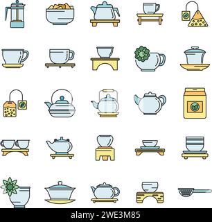 Kultur Tee Zeremonie Ikonen Set. Umrisssatz Kultur Tee Zeremonie Vektor Symbole dünne Linie Farbe flach auf weiß Stock Vektor