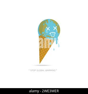 Posterkonzept „Earth Cream Cone Save The Planet“. Stoppen Sie die globale Erwärmung. Zeichentrickfigur des Planeten Erde auf weißem Hintergrund Vektor-Illustration. Stock Vektor