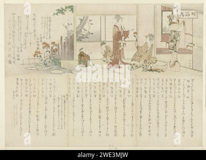 BLOEMSCHIKKEN, ryûRYûKyo Shinsai, ca. 1800 --c. 1805 Kinder, die spielend sind, und zwei Frauen, die Blumen arrangieren, in einem Raum neben einem Garten mit blühenden Chrysanthemen. Eine dritte Frau hängt ein Schild auf, auf dem der Name „Hokusôan“ steht. Oben links und kopfüber unter der gesamten Aufführung, Gedichte verschiedener Dichter. Dieser Surimono wurde wahrscheinlich anlässlich der Ernennung des Dichters Hokusôan zum Jurilid in der Gesellschaft des Dichters oder wegen einer Namensänderung veröffentlicht. Der Surimono ist horizontal über die Mitte gefaltet, so dass die Gedichte den hinteren Teil der Show bilden. Japan-Papier. copp Stockfoto