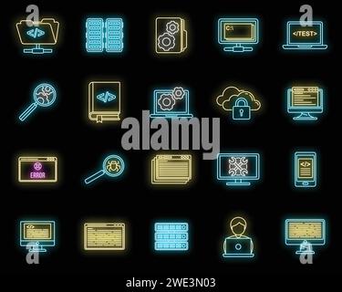 Symbolsatz für PC-Testsoftware. Umrisssatz von pc-Test-Software-Vektorsymbolen Neonfarbe auf Schwarz Stock Vektor