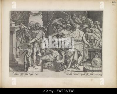 Macht des Weins, 1643 drucken Sie den Wein als Herrscher der Welt. Männerwein trinkt um einen Tisch. Ein linker König steht ebenfalls unter dem Einfluss des Weins. Figuren, die um ihn herum betrunken sind. Unten links ein Verweis auf den Text in 3 Esdras 3-4. Unter der Show Verse in lateinischer Sprache. Dieser Ausdruck ist Teil eines Albums. Amsterdamer Papier, das die Bücher von Esra, Nehemiah und Esdras graviert. Der erste Wächter sagt (schreibt), dass Wein der stärkste aller Dinge ist  Wettbewerb der drei Wächter. Wein  alkoholische Getränke. king Stockfoto