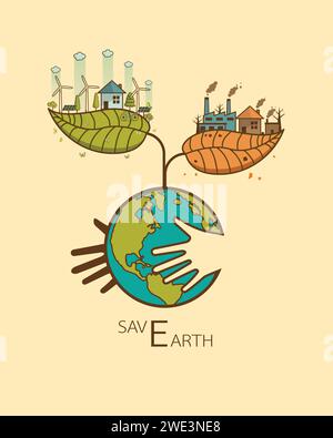 Save Earth Concept in Heart mit Hand Hug Concept, der Unterschied von umweltfreundlicher Landschaft Fabrik und Wald, grüne Erde - ökologisches Konzept Green i Stock Vektor