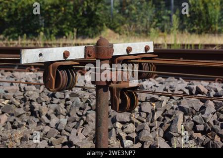 Riemenscheiben für Drahtseile einer mechanischen Signal- und Schaltsteuerung in Deutschland. Die alte Eisenbahntechnik ist noch im digitalen Zeitalter von 2022 im Einsatz. Stockfoto