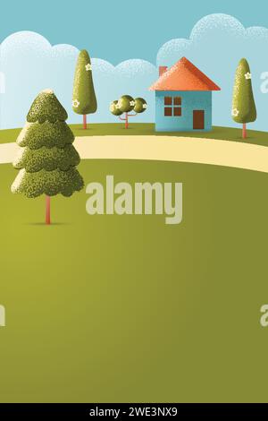 Illustration eines Zeichentrickhauses in der wunderschönen Wiesen-Landschaft in der Sommersaison. Illustration des Konzepts des Vektortexturstils. Stock Vektor