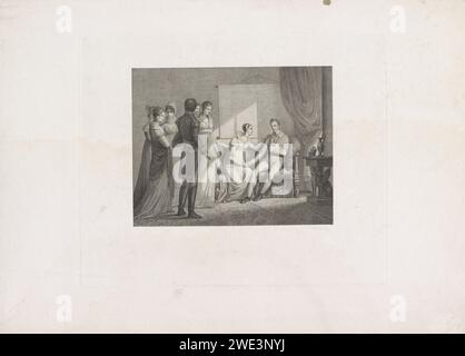Die Königin besucht den verwundeten Prinzen in Brüssel, 1815 Abraham Vinkeles, nachdem Mattheus Ignatius van Bree, 1815–1816 Druck die Königin Wilhelmina van Pruisen ihren Sohn Willem Frederik George, Prinz von Orange, besucht, der während der Schlacht von Waterloo am 18. Juni 1815 verletzt wurde. Teil einer Gruppe von Illustrationen von Ereignissen rund um und während der Schlachten bei Quatre-Bras und Waterloo, 16-18. Juni 1815. Niederlande Papierätzung / Gravur medizinische Hilfe und Pflege von Kranken und Verwundeten. Besuch der Kranken im Krankenhaus Waterloo Stockfoto