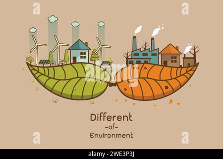 Der Unterschied von Umwelt Landschaft Fabrik und Wald, grüne Erde - Ökologie Konzept grüne Informationen mit Ökologie und grüne Stadt Energie sa Stock Vektor