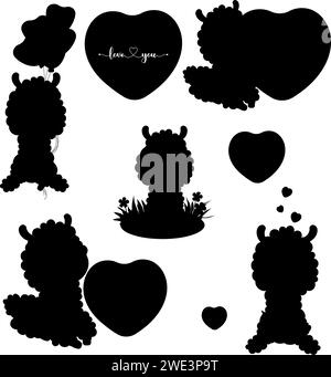 Kollektion Alpaca-Tiersilhouetten. Lama mit Herz, Ballons und im Gras mit Blumen. Isolierte schwarze Zeichnungen. Vektorabbildung Stock Vektor