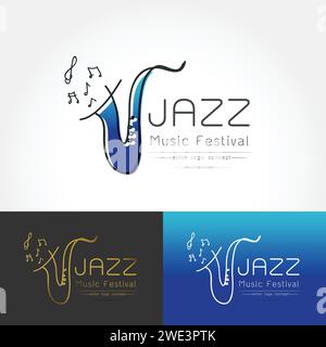 Modernes, lineares, flaches Design. Das stilisierte Bild des Saxophons. Logo des Jazz Music Festival Vorlage für Cover, Logo, Poster, Einladungen auf weißem bac Stock Vektor