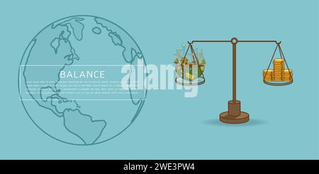 Weltkugel im Maßstab mit Haufen von Golddollar-Münzen. Der Unterschied von Umwelt Landschaft Fabrik und Wald, grüne Erde - ökologisches Konzept gre Stock Vektor
