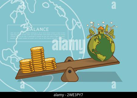Weltkugel im Maßstab mit Haufen von Golddollar-Münzen. Der Unterschied von Umwelt Landschaft Fabrik und Wald, grüne Erde - ökologisches Konzept gre Stock Vektor