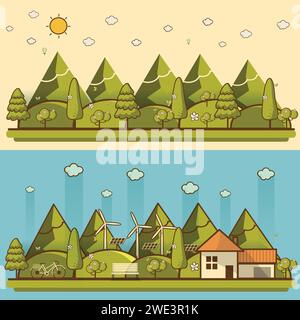 Natürliche Landschaft im Cartoon-Stil. Ein schöner Park. Umweltfreundliche natürliche Landschaft. Vektor-Illustration Stock Vektor