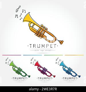 Modernes, lineares, flaches Design. Das stilisierte Bild der Trompete. Logo des klassischen Musikfestivals Vorlage für Cover, Logo, Poster, Einladungen auf weißem B Stock Vektor