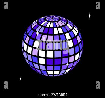 Violette Discokugel mit Glitzern. Glänzende Spiegelkugeln mit Sternen. Nachtclub Spiegelkugelelement für Poster, Banner, Musik Cover, Party. Blauer Retro-Wireframe-Globus oder Planet. Vektorabbildung Stock Vektor