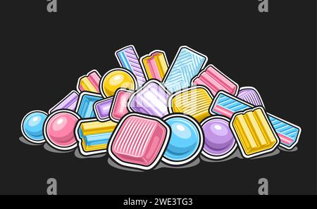 Vektor Bubble Gum Heap, dekoratives horizontales Poster mit Umrissillustration der Vielfalt Bubblegum Zusammensetzung, Haufen der Gruppe viele verschiedene Bubble g Stock Vektor