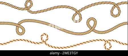 Wellenseilkurvenset. Wiederkehrende Sammlung von Hanfschnurstreifen. Geflochtenes Bündel mit wellenförmigem Bindeband. Nahtloses braunes Flechtmuster. Vektorgarn-Designelemente für Banner, Poster, Rahmen, Rahmen Stock Vektor