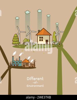 Der Unterschied von Umwelt Landschaft Fabrik und Wald, grüne Erde - Ökologie Konzept grüne Informationen mit Ökologie und grüne Stadt Energie sa Stock Vektor