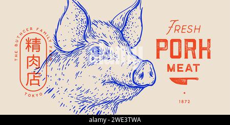 Schweinefleisch, Schweinekopf, Fleischetikett. Vorlage Für Etikett Mit Fleischkennzeichnung. Vintage-Retro-Druck, Tag, Etikett mit Pig Sketch Tusche Bleistiftzeichnung. Fleischerei Schweinekopf Fleischgeschäft, Text, Typografie. Vektorabbildung Stock Vektor