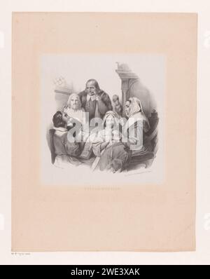 Philosophierende Firma, Cornelis Kruseman, 1833 - ca. 1863 Druck die Firma sitzt am Tisch. Der Mann steht neben einer Büste von Platon. Der Junge liest in der Bibel. Das Mädchen betet und die Frau hat einen sich drehenden Rock in der Hand. Das Haager Papier. Philosophie. Die Bibel oder andere religiöse Bücher lesen. Eine Person betet. Distaff Stockfoto