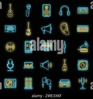 Akustische Audiosymbole eingestellt. Kontursatz der akustischen Audio-Vektorsymbole Neonfarbe auf Schwarz Stock Vektor